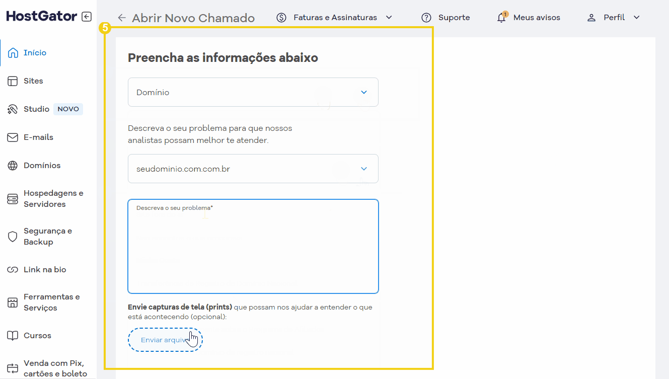 tela do portal mostrando um exemplo de formulario para preencher e enviar a solicitação ao suporte