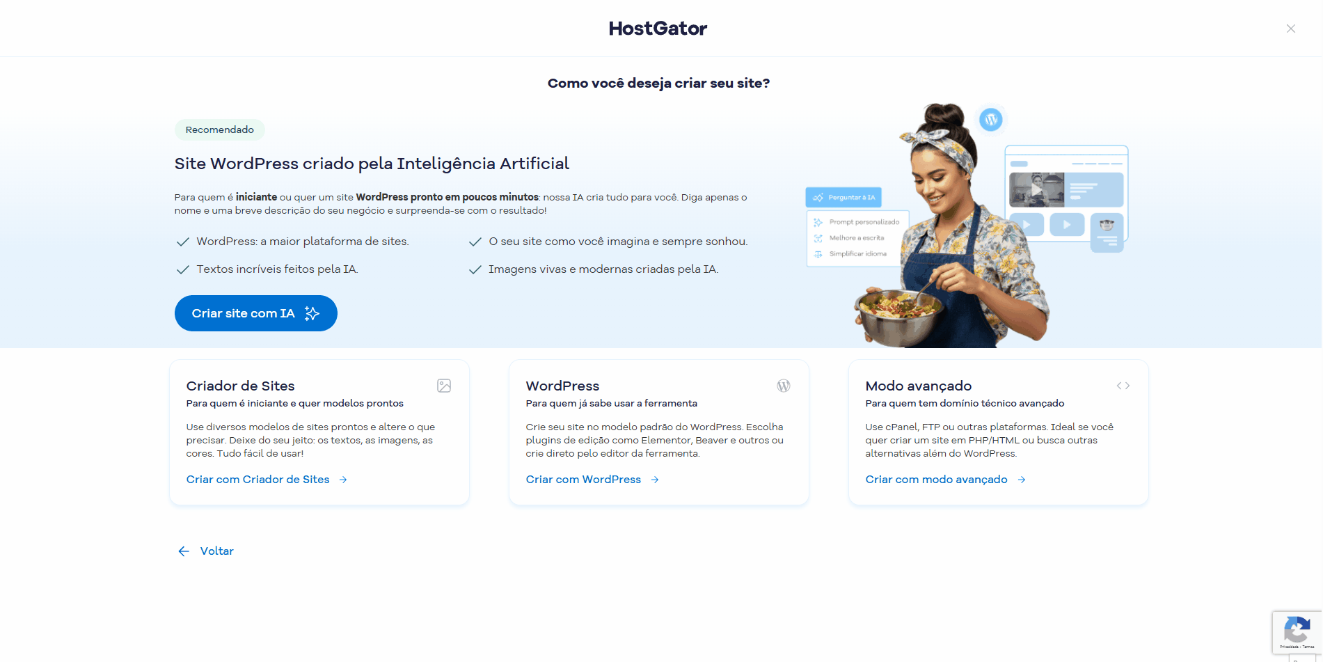 Tela do portal com as opções para escolher as plataformas de criação do sites (wordpress com ia, Wordpress comun, criador de sites, ferramentas avançadas