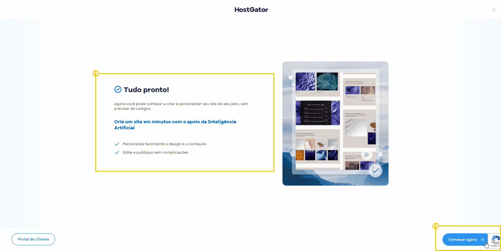 tela do fluxo de criação mostrando a tela de finalização com sucesso da instalação do wordpress com ia