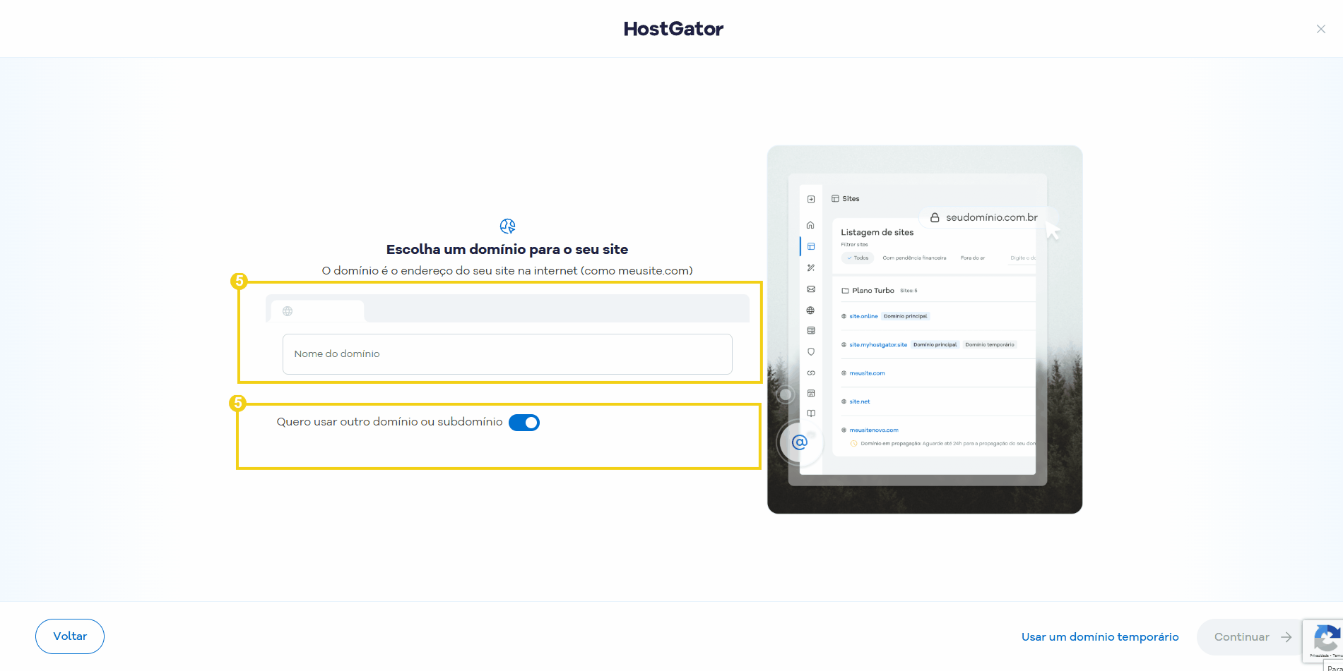 Imagem de uma interface do HostGator mostrando o painel de gerenciamento de domínio para configurar um site e escolher um domínio adequado