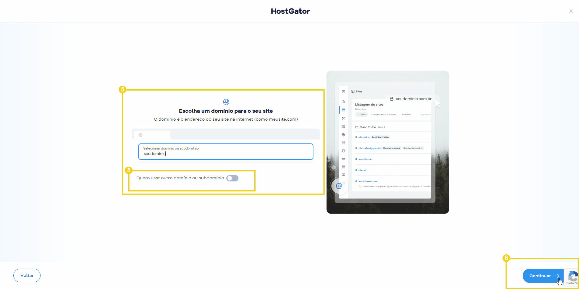 Imagem ilustrativa do painel do HostGator mostrando o processo de escolha de domínio para criação de site, com destaque para o formulário e configuração do domínio