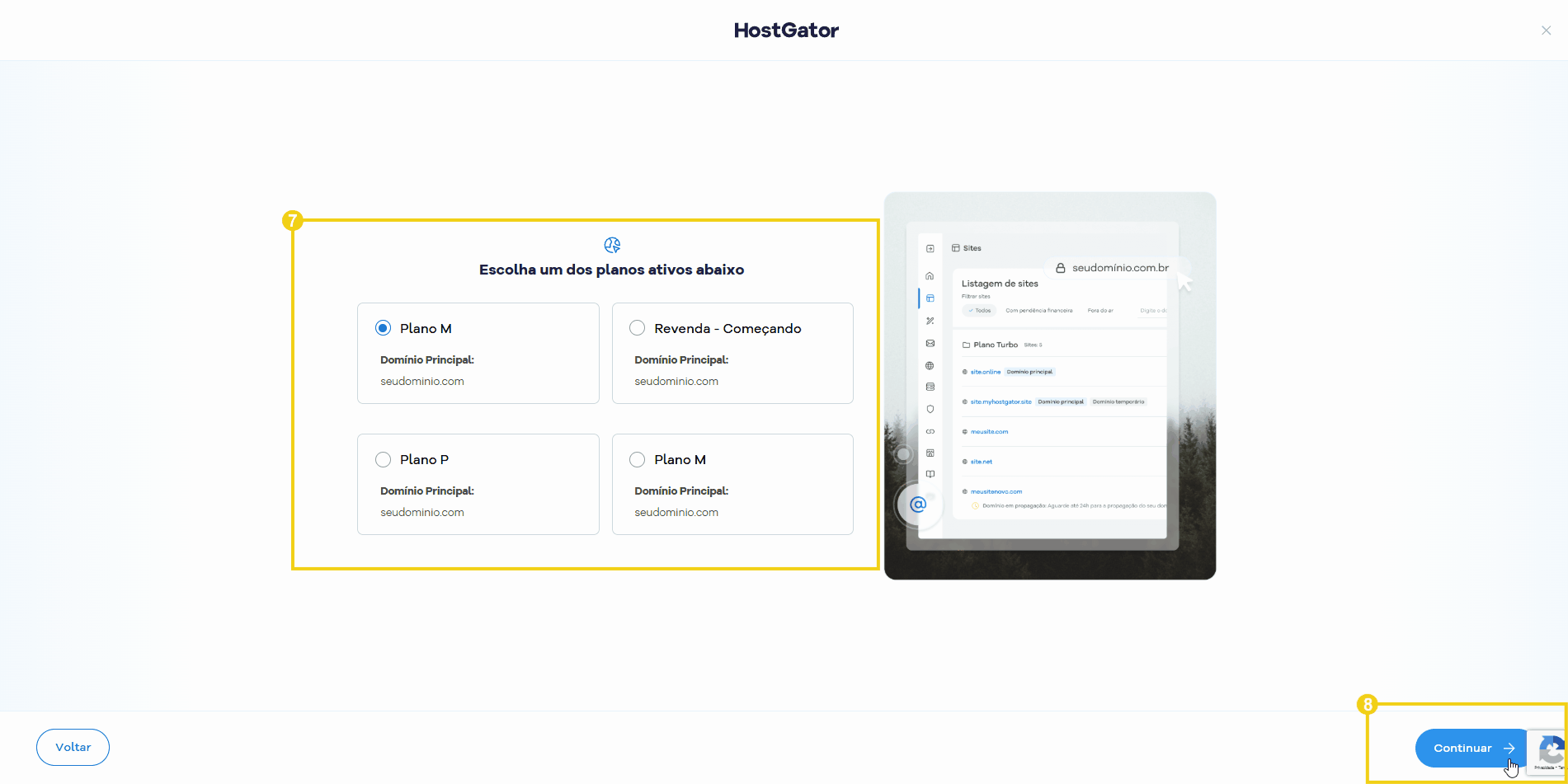 Tela de configurações de planos de assinatura com opções de planos ativos, incluindo plano M e plano P, além de funcionalidades do HostGator