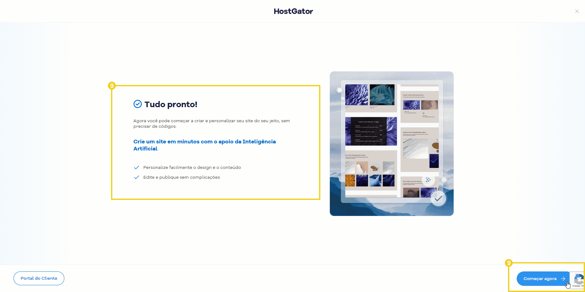 Tela de captura de tela de uma plataforma de criação de sites com interface moderna e elementos de design, promovendo facilidade e inteligência artificial