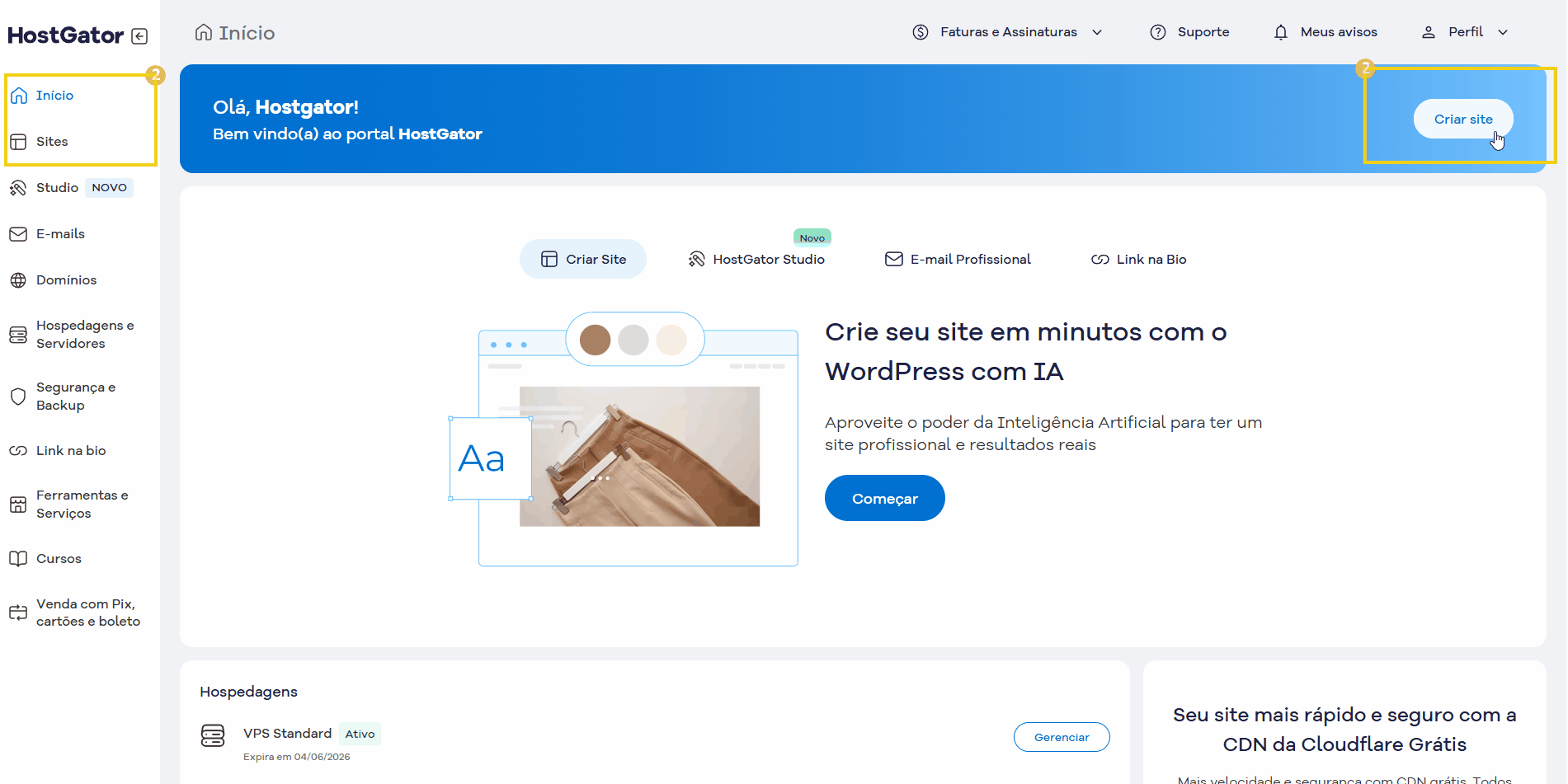 Tela do painel de controle do HostGator, mostrando opções de criação de site, configurações de hospedagem e suporte, com destaque para o botão 'Criar site'