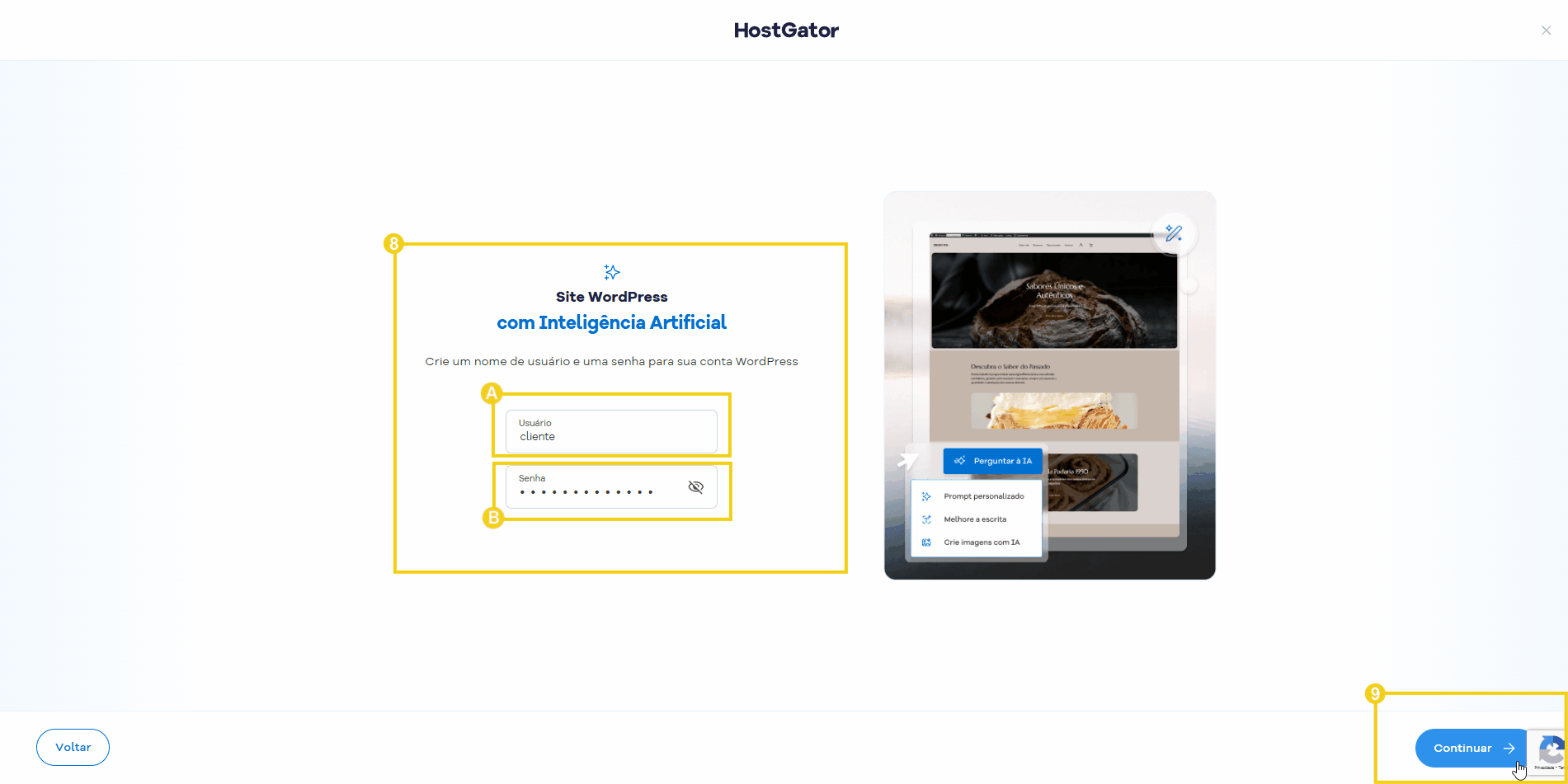 Criação de site WordPress com inteligência artificial, mostrando formulário de login e interface de edição de site, destacando os campos para criar o usuario e senha para posteriormente acessar ao wordpress
