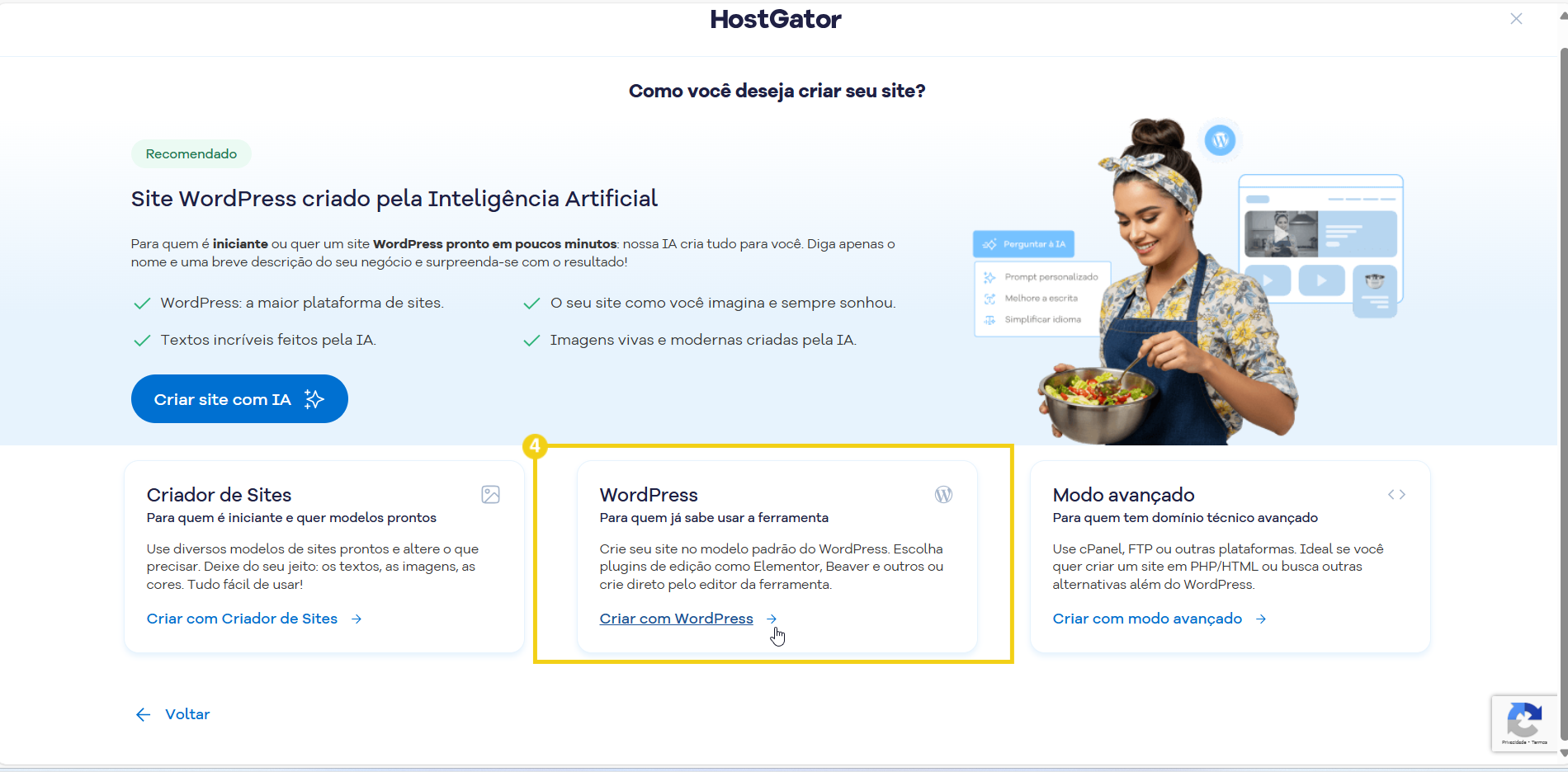 Imagem do portal do cliente com o fluxo de criação de sites destacando as opções de escolha da plataforma para criar sites