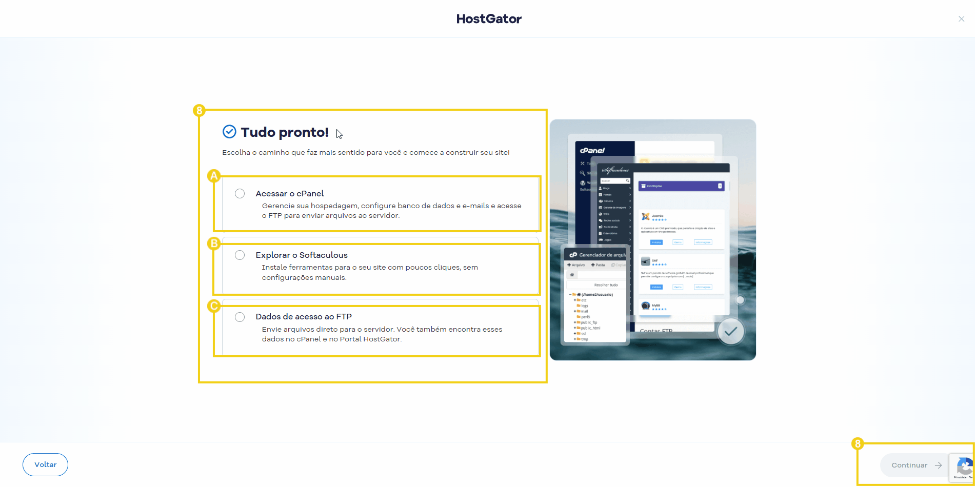 Imagem demonstrando o passo a passo para configurar o HostGator, incluindo acesso ao cPanel, exploração do Softaculous e dados de FTP
