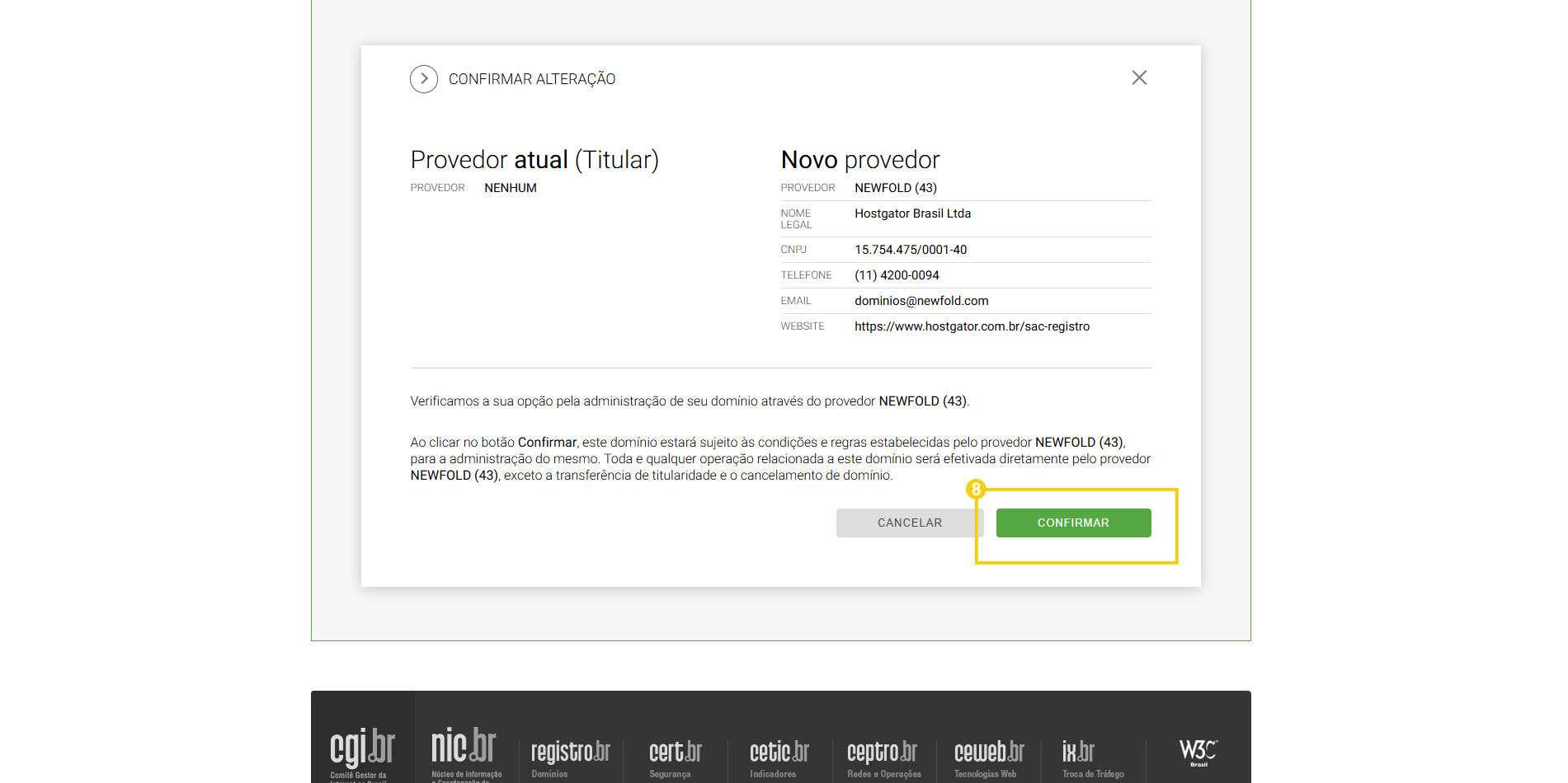Imagem mostra do Registrobr em "Novo provedor", deve-se clicar no botão "Confirmar"