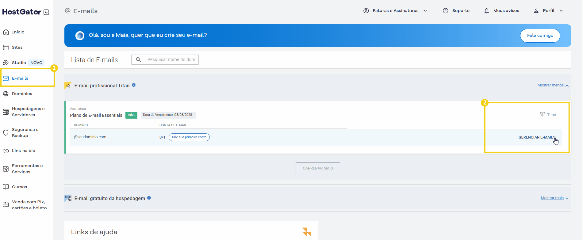 Imagem da plataforma HostGator exibindo opções para criar e gerenciar contas de e-mail, incluindo configuração de e-mail profissional e gratuito. Interface amigável com navegação clara para gerenciamento de contas de e-mail