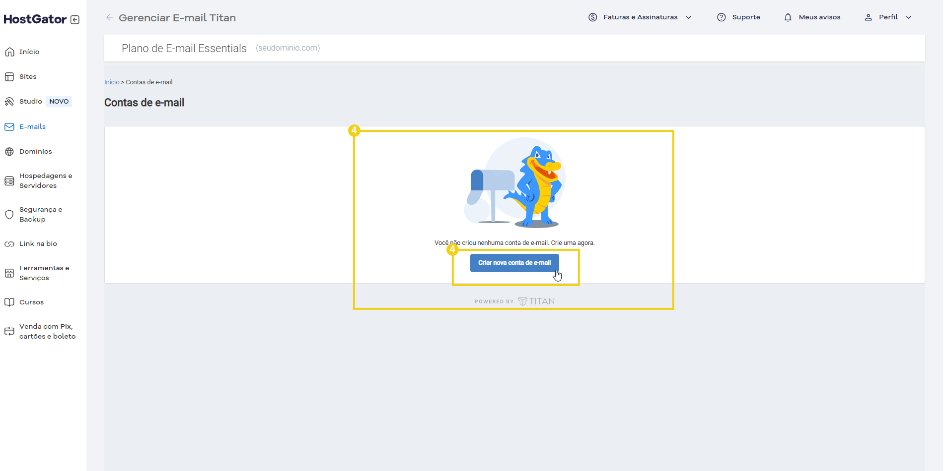 Tela de gerenciamento de e-mails com destaque na opção 'Criar e-mail' na plataforma Titan, facilitando a criação e gestão de contas de e-mail