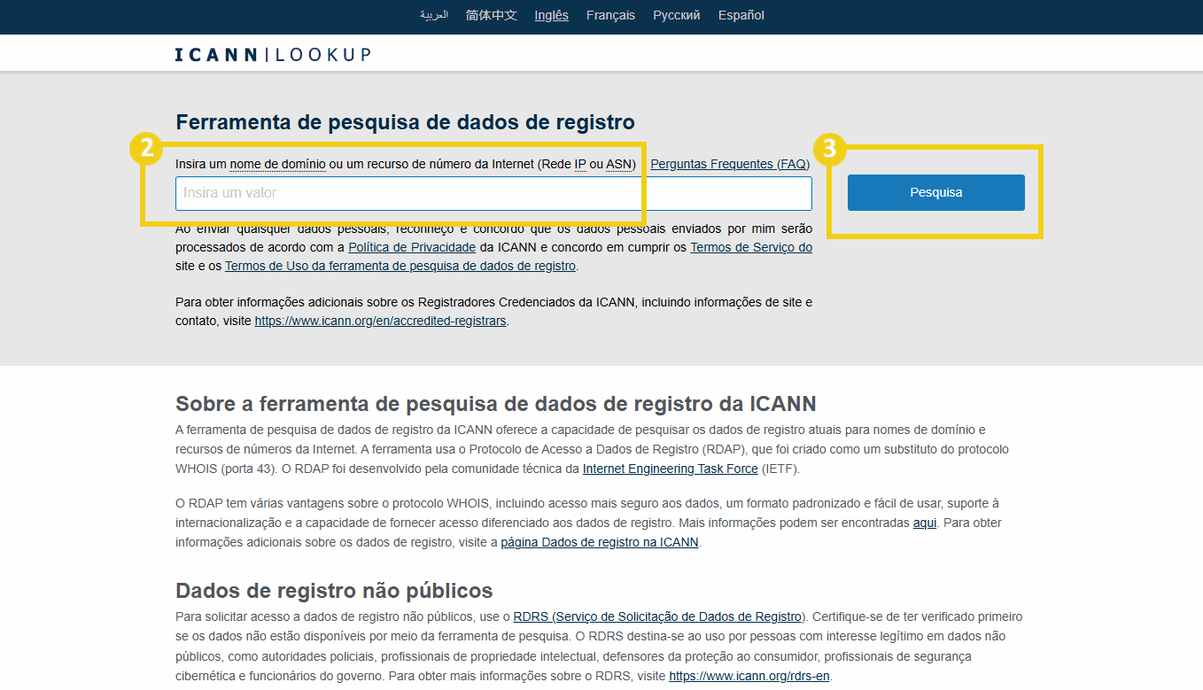 Ferramenta de pesquisa de dados de registro do ICANN em português, destacando o campo para inserir domínio e botões de pesquisa