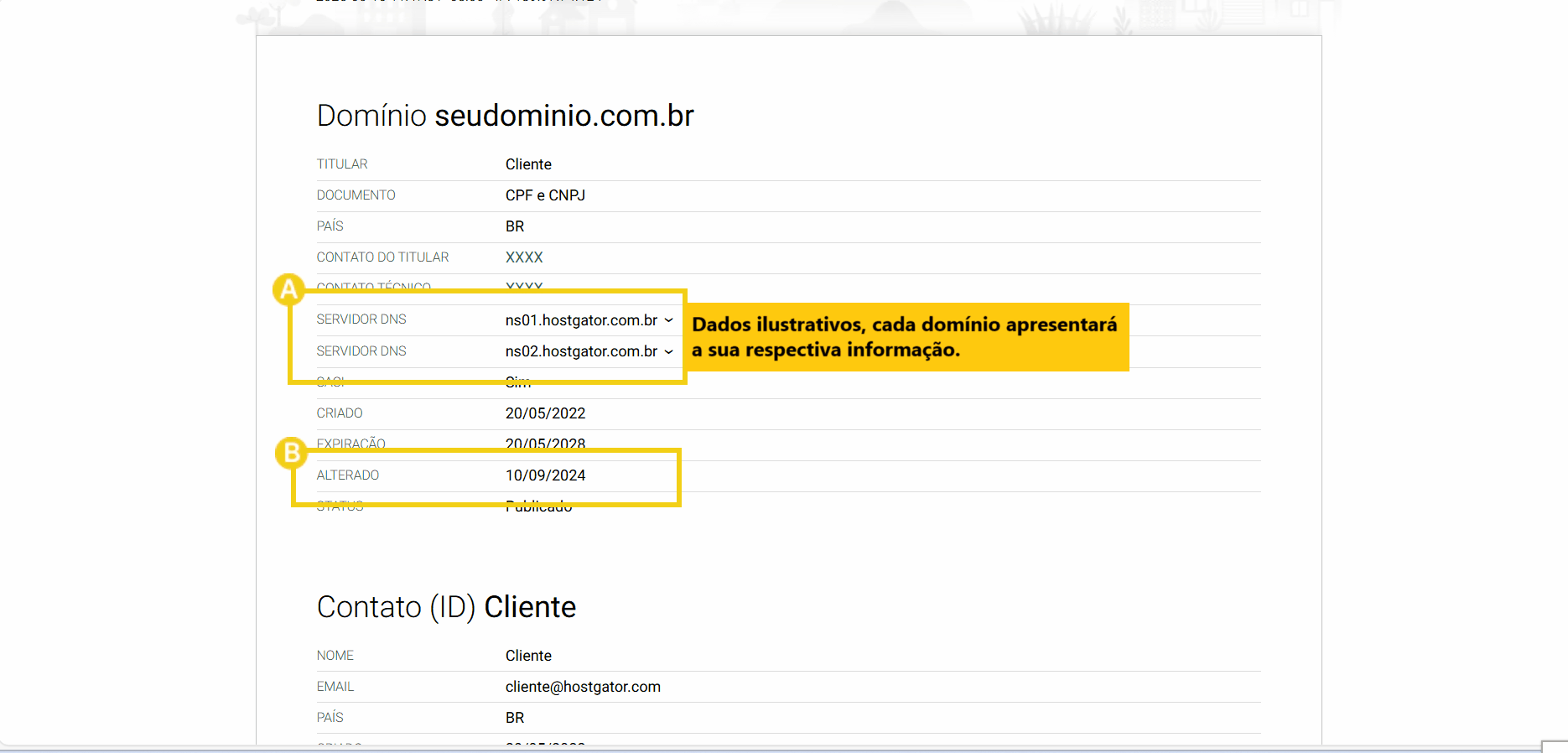 Imagem do pesquisador whois mostrando detalhes de domínio com informações de servidores .br, data de criação e alteração com destaque para dados ilustrativos