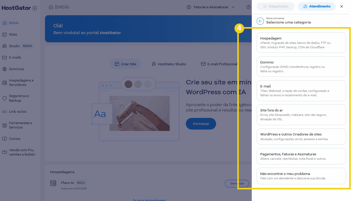 Tela do painel de atendimento do portal HostGator com opções de categorização para atendimento no suporte via chat