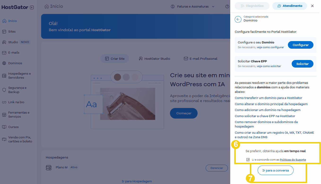 Tela do painel do portal HostGator mostrando seção de atendimento ao cliente e a opção de iniciar uma conversa