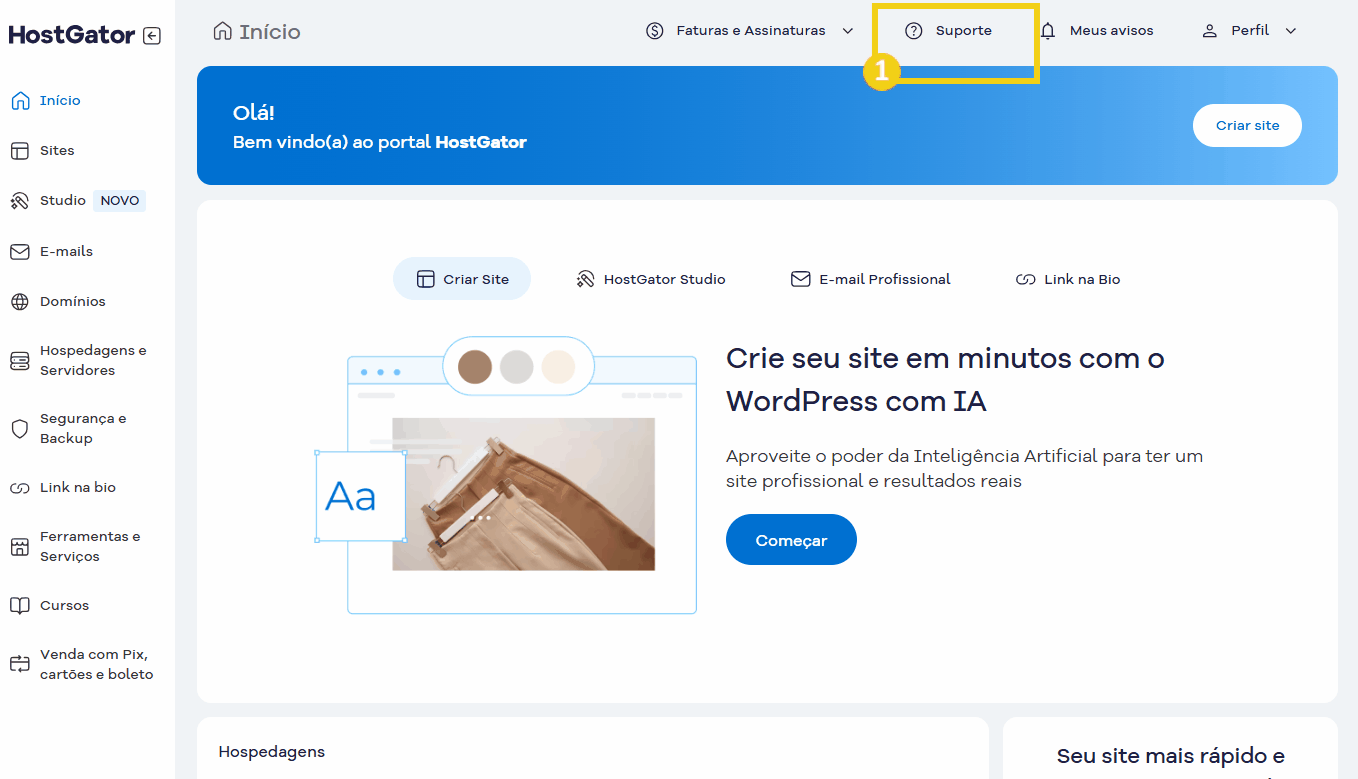 Imagem da plataforma HostGator mostrando o painel de controle com opções de gerenciamento, com destaque para o botão de suporte