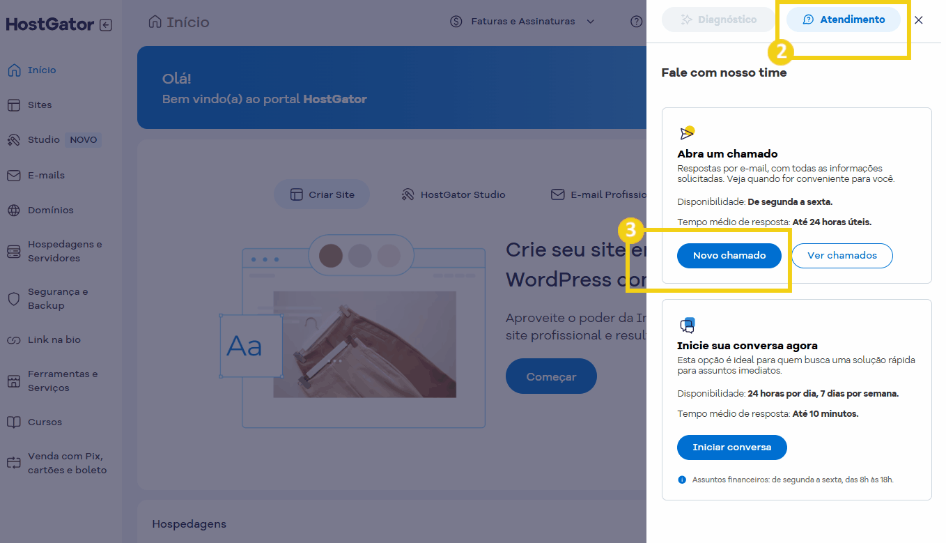 Imagem da interface de atendimento ao cliente no portal HostGator, destacando opções como abrir um chamado