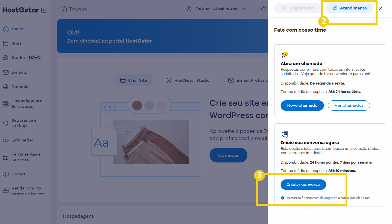 Imagem do painel de atendimento no portal HostGator, mostrando opções de contato, incluindo iniciar conversa e falar com o atendimento ao cliente, destacando as diferentes formas de contato ao suporte