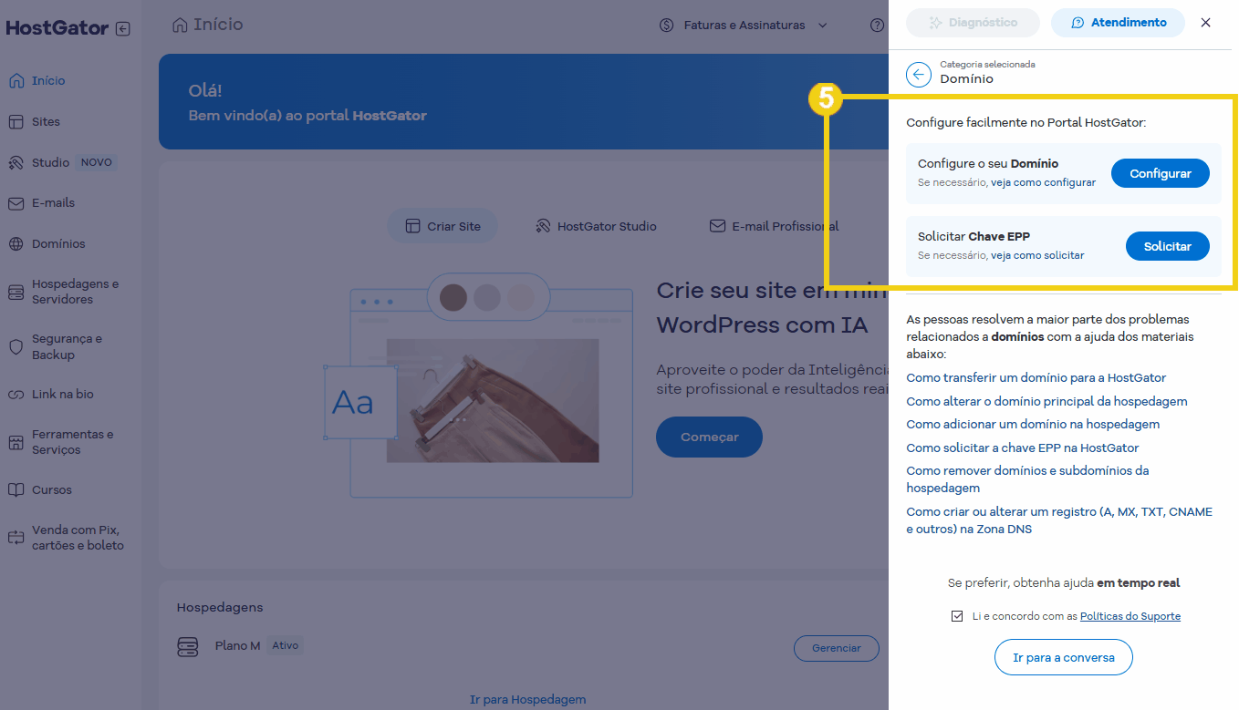 Captura da tela do portal HostGator destacando a seção de configuração de domínio e suporte ao cliente, com materiais de apoio sendo sugeridos no começo da tela