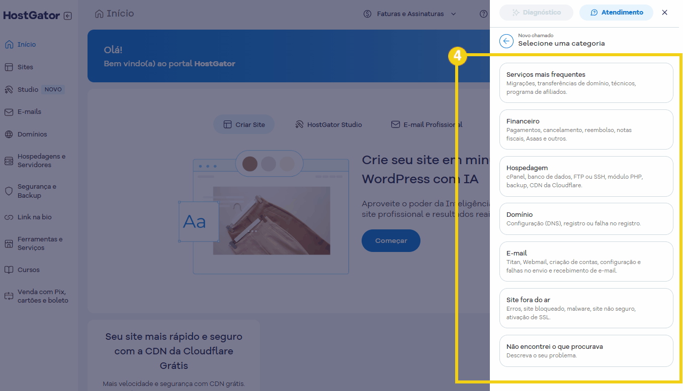 Tela do painel de atendimento do portal HostGator, exibindo opções de categorias de suporte como Serviços mais frequentes, Financeiro, Hospedagem, Domínio, E-mail, Site fora do ar e Não encontrei o que procurava