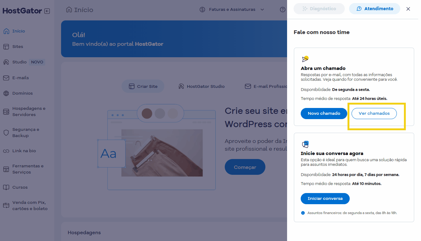 Imagem de uma tela do Painel de Atendimento do HostGator mostrando a opção de acesso ao histórico de chamados 