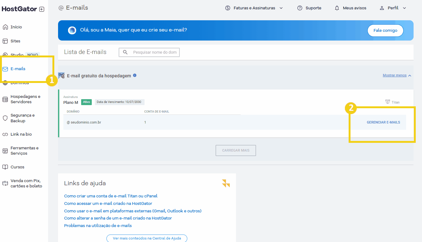 Imagem do painel de administração do HostGator, mostrando a opção de gerenciamento de e-mails para criar e gerenciar contas de email. 
