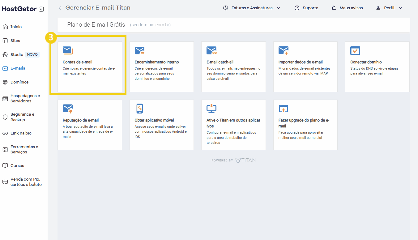 Tela de gerenciamento de E-mails no painel do HostGator, destacando a opção de gerenciamento de conta de e-mail na plataforma Titan