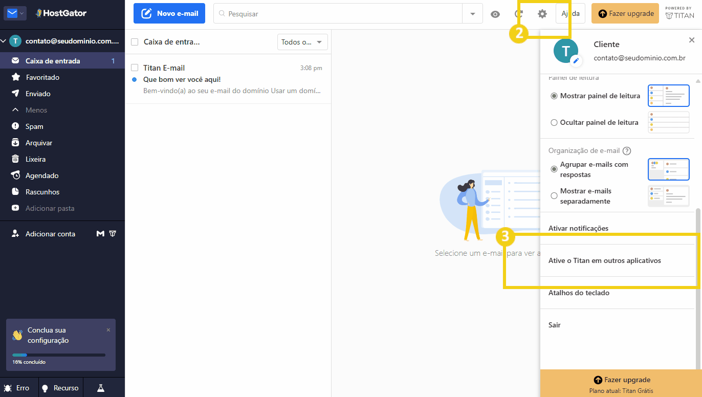Ilustração de configurações do email titan com destaque para a opção de ativar titan em outros aplicativos