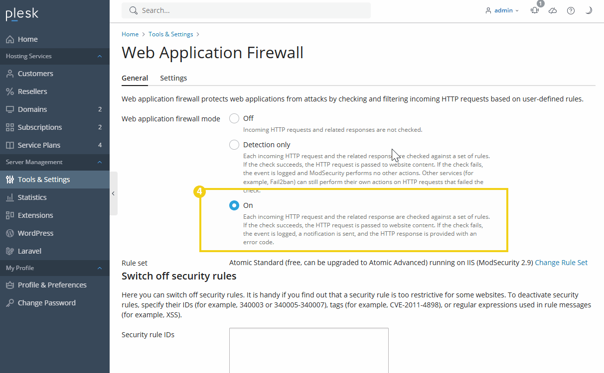 tela mostrando una cuenta de plesk, mostrando como ativar o modsecurity