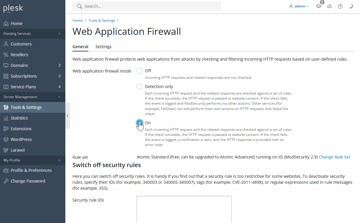tela mostrando como desativar uma regra de modsecurity