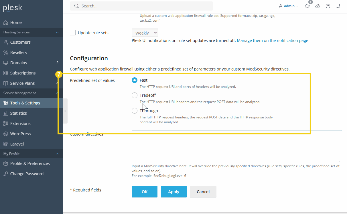 tela do plesk mostrando a seção de configuration, mostrando as configurações que pode ser realizadas e depois clicar em apply (aplicar)