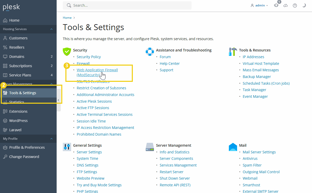 Imagem de um painel de controle de servidor que mostra configurações em uma interface de gerenciamento de hosting web, focando na área de Ferramentas e Configurações