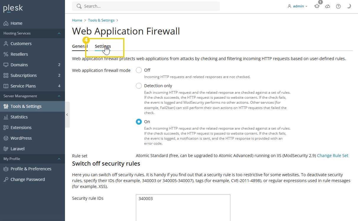 imagen ilustrativa do plesk, mostrando no aplicativo firewall web o destaque da configuração (settings)