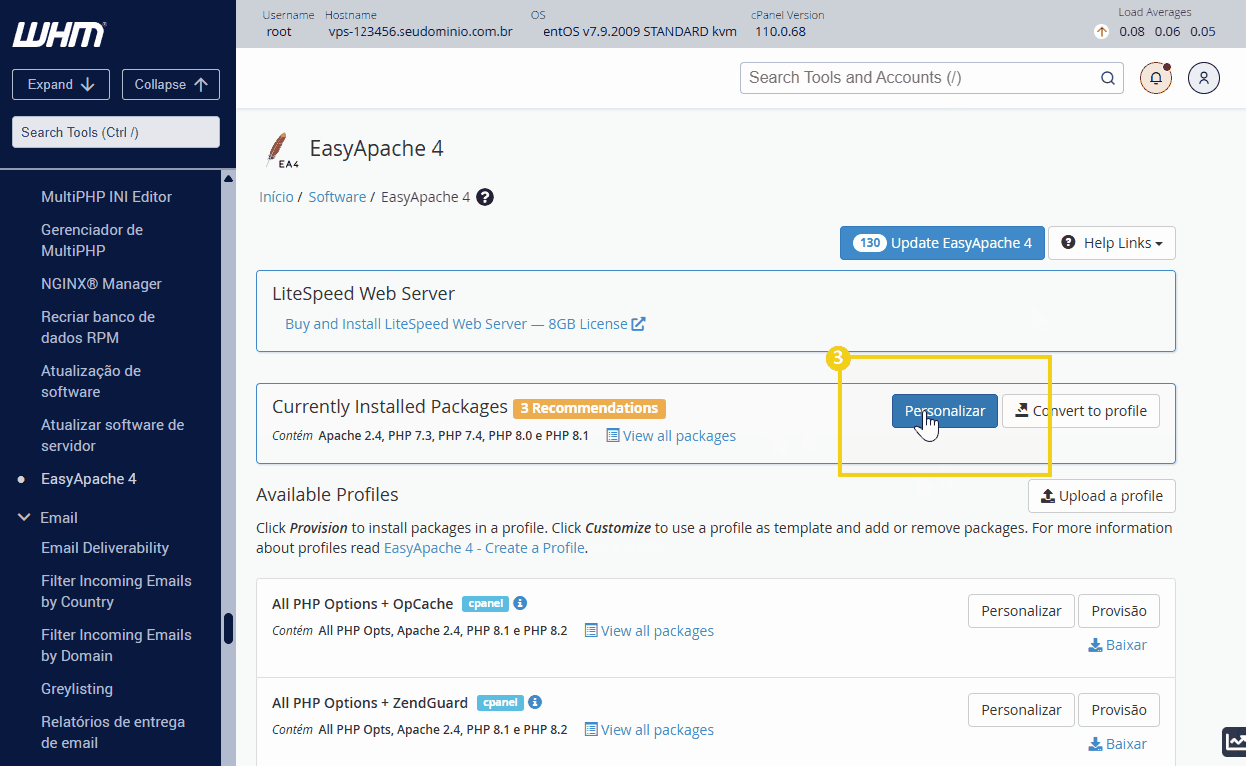 Captura de tela da interface de gerenciamento do EasyApache 4 no cPanel, destacando a opção de personalizar pacotes de servidores web