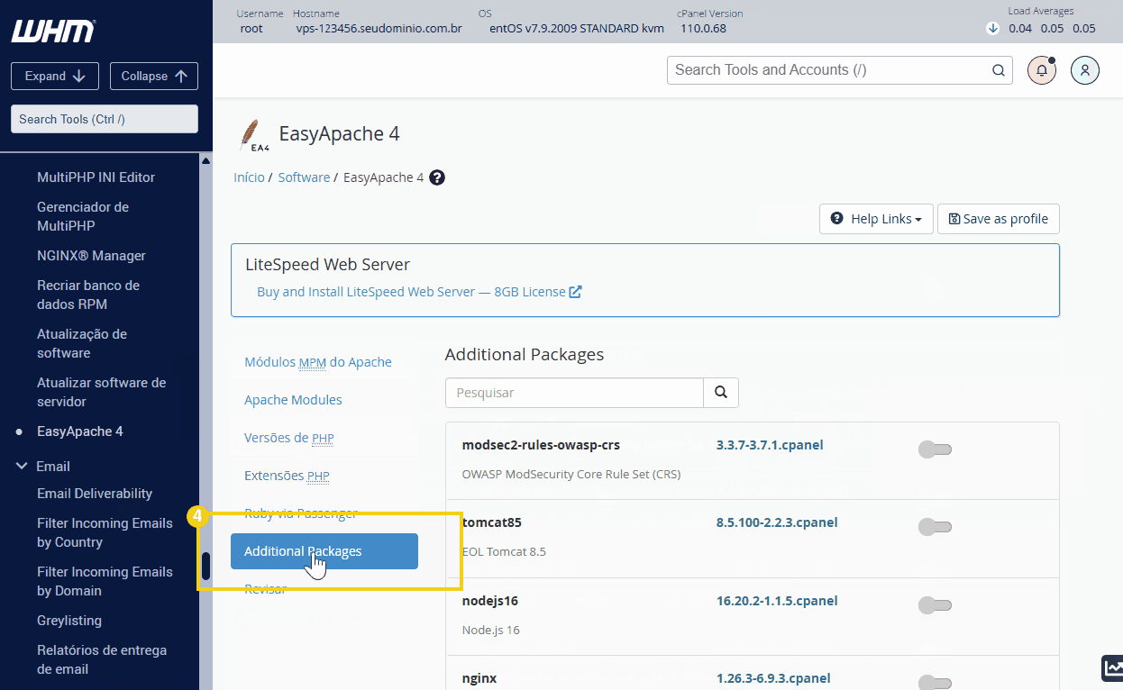 tela do whm na parte de easyapache4 destacando depois de clicar em personalizar o addional packages e adicionando o modsec2-rules-owasp-crs