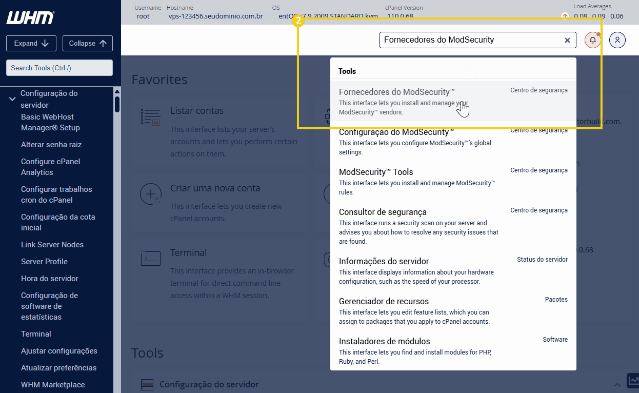 Imagem mostrando uma interface de painel de controle WHM com a busca por 'Fornecedores do ModSecurity' e a configuração do ModSecurity ativada
