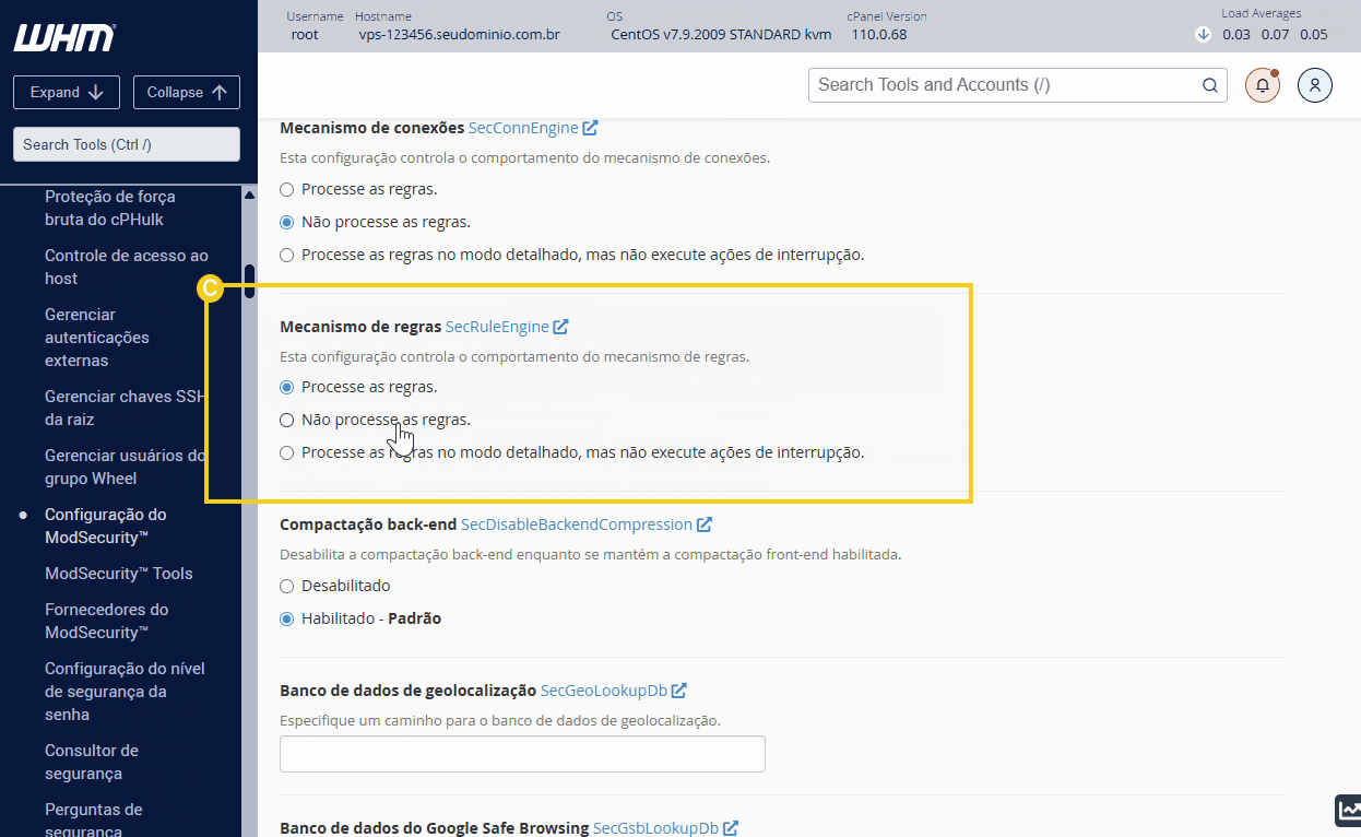 Imagem de painel de controle do WHM com opções de configuração de conexão, regras, compactação, banco de dados, mostrando configurações avançadas de servidor web.
