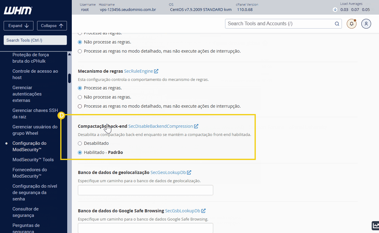 Tela do whm mostrando a compactação back-end