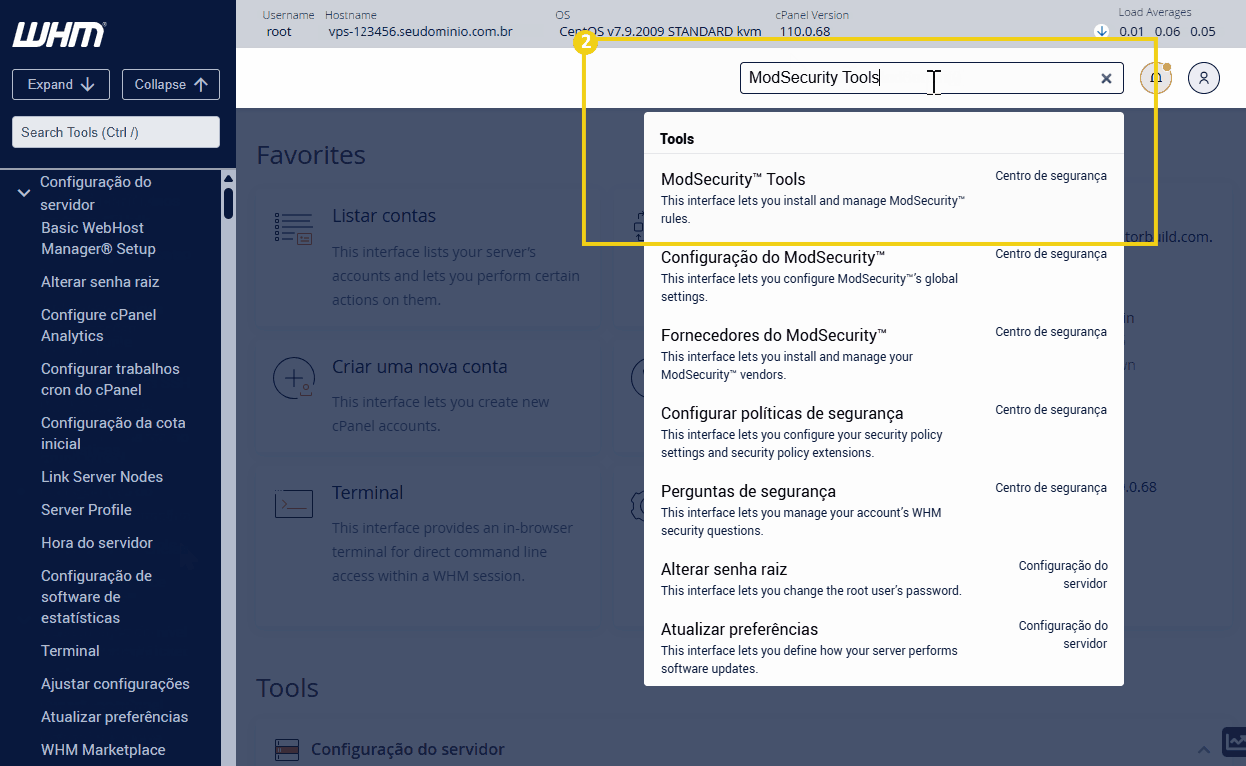 Imagem de interface de gerenciamento WHM com foco na configuração de segurança do servidor, destacando o uso do ModSecurity Tools para aprimorar a segurança.