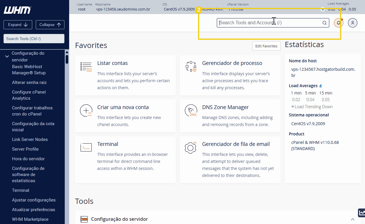 Captura de tela do painel do WHM com destaque para a busca de ferramentas colocando easyapache4