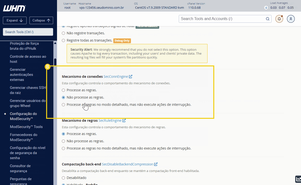 Imagem de configurações de conexão de servidor na interface WHM, destacando opções de regras de conexão e modo detalhado, com foco em segurança.