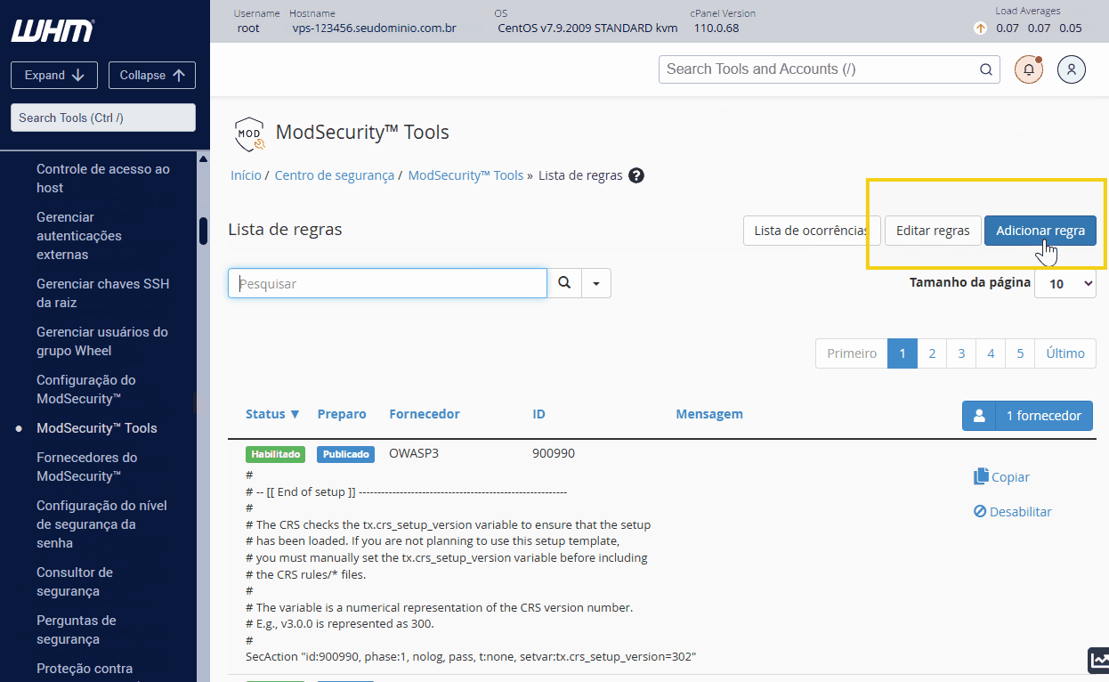 Imagem do painel de controle do ModSecurity, mostrando a adição de uma regra para melhorar a segurança do servidor web.