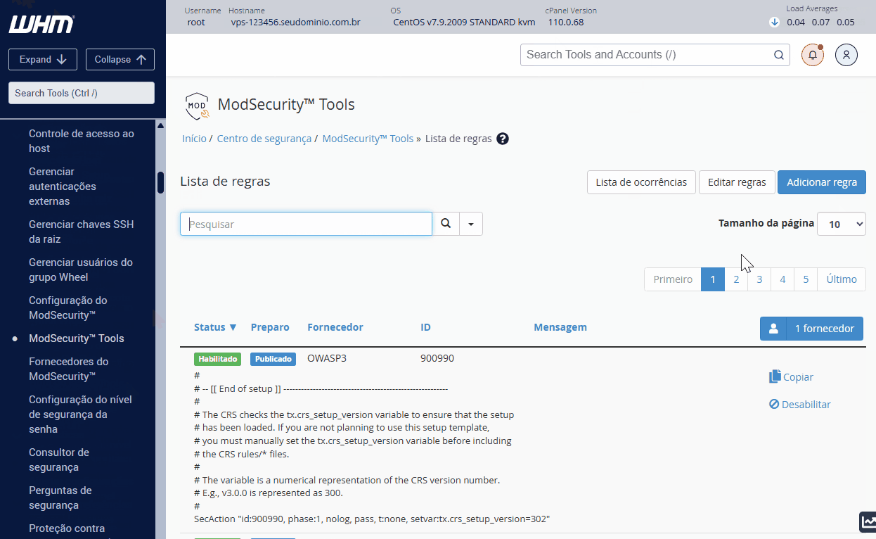 tela do whm destacando no modsecurity tools a parte de adicionar regras