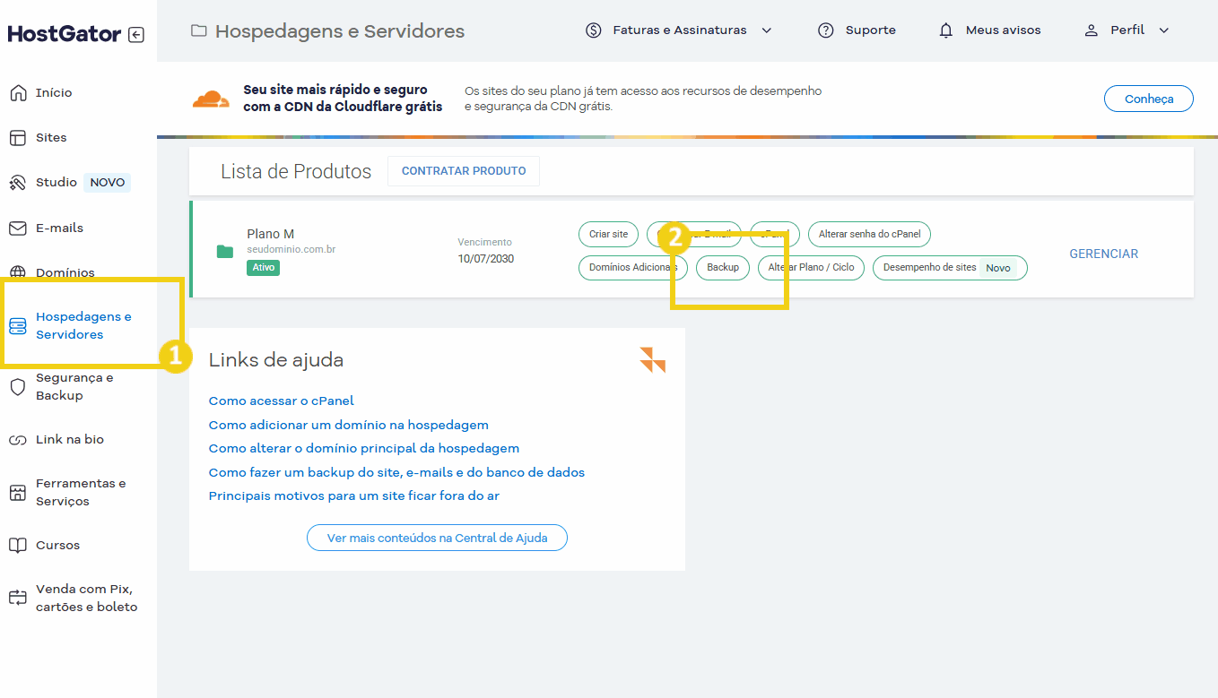 Página do painel de hospedagem e servidores no site HostGator, destacando opções como backup, domínio adicional e gerenciamento de planos. 