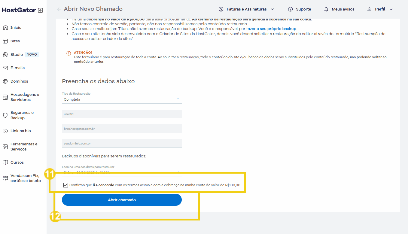 Imagem de uma tela de confirmação na plataforma HostGator, onde o usuário confirma a concordância com os termos para restaurar backup