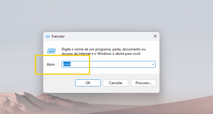 timizado: abrir-comando-windows-cmd.webp  alt text: Tela de execução do Windows exibindo comando 'cmd' na caixa de diálogo para abrir o Prompt de Comando, simbolizando o uso de comandos no sistema operacional Windows