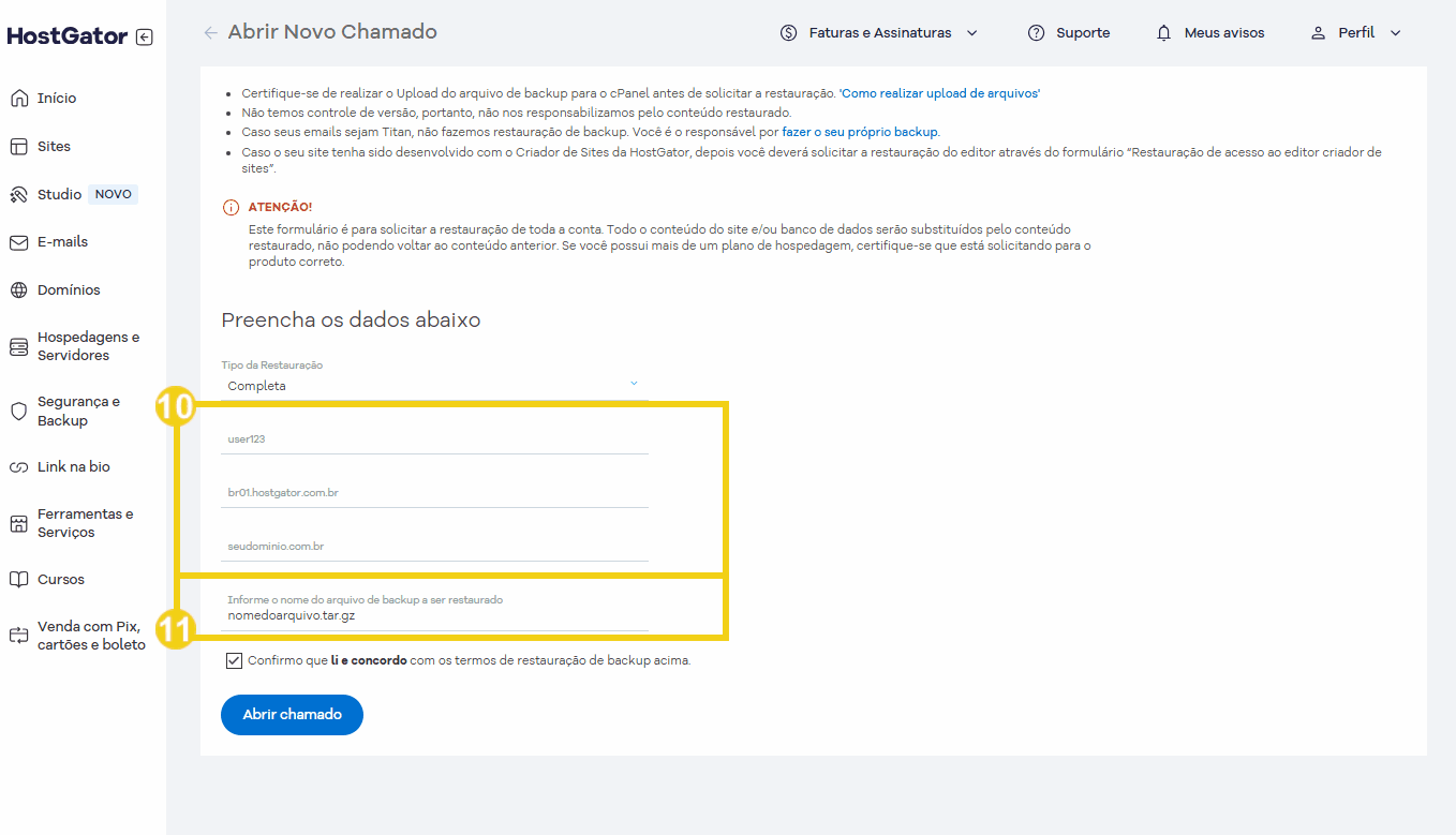 Tela de configuração do backup no cPanel mostrando campos para preenchimento de dados e opção para confirmar o procedimento