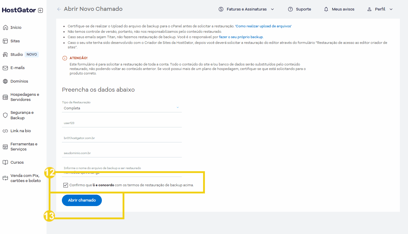 Tela de configurações de backup no Portal mostrando o procedimento para solicitar restauração de backup