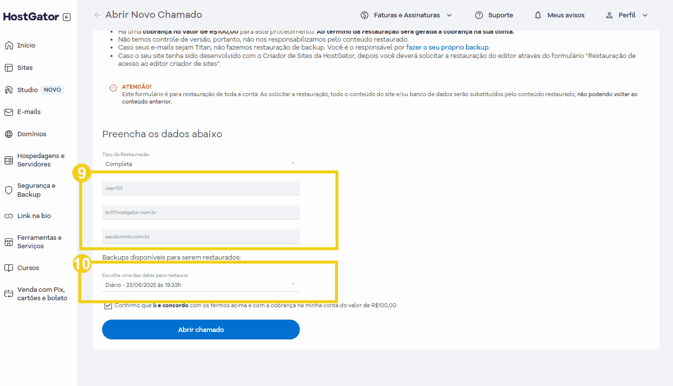Imagem de uma interface de site de hospedagem e backups, exibindo formulário para abrir chamado e informações de backups disponíveis