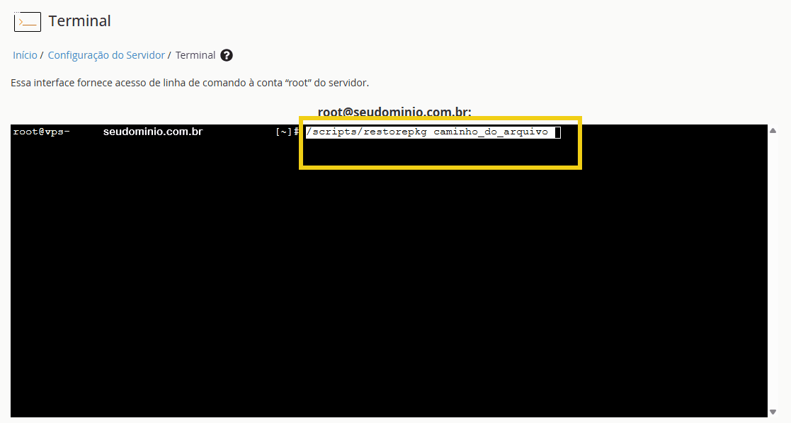 Imagem de um comando no terminal do servidor root@seudominio.com.br, onde é executado o script 'restaurapk' para restaurar o caminho do arquivo no servidor