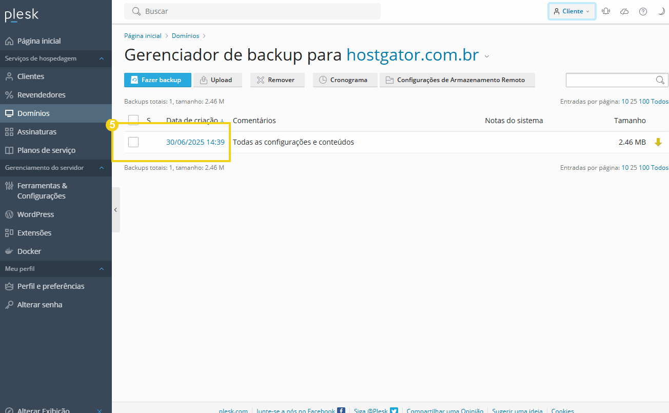 Tela de painel de controle de backup do Hostgator mostrando uma opção de agendamento de backup e informações de arquivo